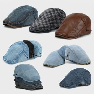 Vintage Denim & Leather Flat Caps