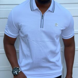 Men's Quarter-Zip Polo Shirt with Striped Collar Accent